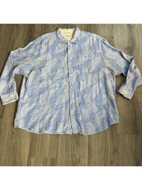 Tommy Bahama Shirt Mens Big 3XLB Blue Tropical Leaf Linen Long Sleeve Button Up